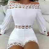 Women Solid Lace Hollow Out Slim Off The Shoulder Long Sleeve Top+High Waist Solid Sexy Casual Elegant 2021 Summer Clothes