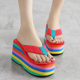 Women Flip Flops Beach Shoes Wedge Sandals Super High 10CM Heels Casual Peep Toe Platform Slippers Rainbow Summer Woman Slippers