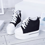 Shoes For Women Platforms Shoes Women Canvas Shoes Woman Vulcanized Shoes Hidden Heel Lace-Up 11.5 cm Increasing Sneaker Size 8