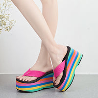 Women Flip Flops Beach Shoes Wedge Sandals Super High 10CM Heels Casual Peep Toe Platform Slippers Rainbow Summer Woman Slippers