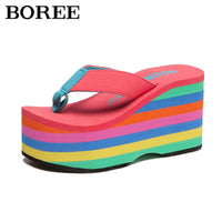 Women Flip Flops Beach Shoes Wedge Sandals Super High 10CM Heels Casual Peep Toe Platform Slippers Rainbow Summer Woman Slippers