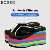 Women Flip Flops Beach Shoes Wedge Sandals Super High 10CM Heels Casual Peep Toe Platform Slippers Rainbow Summer Woman Slippers