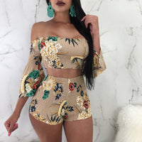 Summer Two Piece Shorts and Top Women Sexy Off the Shoulder Flare Sleeve Crop Tops + Shorts Floral Print Beach Wear Shorts Suit
