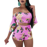 Summer Two Piece Shorts and Top Women Sexy Off the Shoulder Flare Sleeve Crop Tops + Shorts Floral Print Beach Wear Shorts Suit