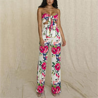 Cryptographic Floral Print Sleeveless Sexy Wrap Top and Pants Long Two Piece Set Matching Set Women Fashion Outfits Crop Tops