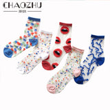 CHAOZHU 5 pairs young girl funny cute fashion colorful candy dot red lips wave socks sweet women thin summer ankle crystal sheer