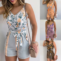 Women's Summer Print Jumpsuit Short Pants Casual Slim Bandage V-Neck Beach Rompers Sleeveless Bodysuit Sexy Playsuit