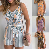 Women's Summer Print Jumpsuit Short Pants Casual Slim Bandage V-Neck Beach Rompers Sleeveless Bodysuit Sexy Playsuit