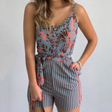 Women's Summer Print Jumpsuit Short Pants Casual Slim Bandage V-Neck Beach Rompers Sleeveless Bodysuit Sexy Playsuit