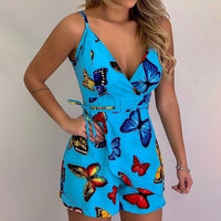 Women's Summer Print Jumpsuit Short Pants Casual Slim Bandage V-Neck Beach Rompers Sleeveless Bodysuit Sexy Playsuit