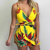 Women's Summer Print Jumpsuit Short Pants Casual Slim Bandage V-Neck Beach Rompers Sleeveless Bodysuit Sexy Playsuit