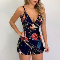 Women's Summer Print Jumpsuit Short Pants Casual Slim Bandage V-Neck Beach Rompers Sleeveless Bodysuit Sexy Playsuit