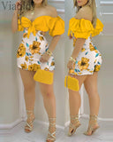 2021 Women Summer Off Shoulder Floral Print Ruffles Cutout Design Romper Knotted Puff Sleeve Skinny Playsuits