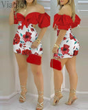 2021 Women Summer Off Shoulder Floral Print Ruffles Cutout Design Romper Knotted Puff Sleeve Skinny Playsuits